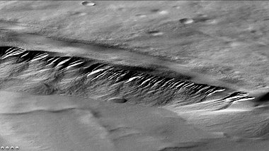 Gullies in Lyell crater, as seen by CTX camera (on Mars Reconnaissance Orbiter). Note: this is an enlargement of the previous image of Lyell crater.