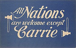 Plakat med ordspill om Carrie Nation: All Nations Are Welcome Except Carrie