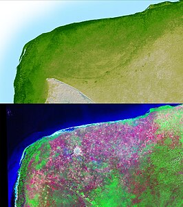 Chicxulub-krater is duidelijk zichtbaar in het reliëf (boven: digitaal hoogtemodel (SRTM) ingewonnen met radar), maar niet in het landgebruik of vegetatie (onder: optisch satellietbeeld (Landsat) met valse kleuren).