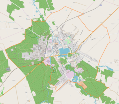 Mapa konturowa Głowna, na dole znajduje się punkt z opisem „Parafia św. Barbary”