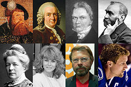 Verschillende bekende Zweden. Van links naar rechts: Gustaaf I, Carl Linnaeus, Jöns Jacob Berzelius, Alfred Nobel, Selma Lagerlöf, Ann-Margret, Björn Ulvaeus en Markus Näslund