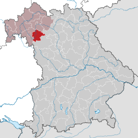 Landkreis Kitzingens läge (mörkrött) i Bayern