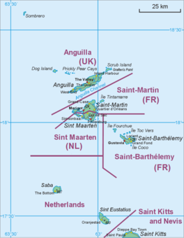 Map of Anguilla, Saint Martin, and additional islands to the south. The location of the Anguilla Channel is labelled between Anguilla and Saint Martin.