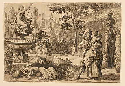 Le Jardin galant, d'après Johann Liss, Nicolas de Son, avant 1632, estampe à l'eau-forte rehaussée au burin, 18.2 x 26.4 cm, Musée des Beaux-Arts de Nancy, Inv. TH.99.15.1145