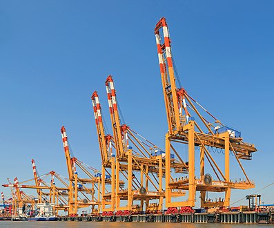 Grues dans le terminal conteneur de Bremerhaven. Juin 2022.