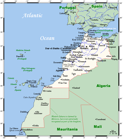 Mapa ng Kanluraning Sahara kasama ang Marwekos (sa hilaga)