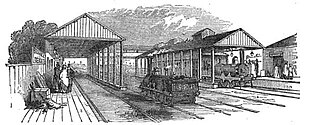 A black-and-white drawing of station platforms and canopies