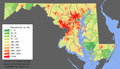 Image 29Maryland population distribution map; Maryland's population is concentrated mostly in the Washington–Baltimore combined statistical area. (from Maryland)