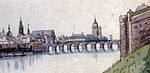 Maasbrug met links het bruggebouwtje (ca. 1840)