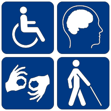 Clockwise from top left: A person using a wheelchair, A side profile outline of a person's head with their brain outlined, a person using a white cane, two hands in the form of the 'interpret' sign. All figures are stylized, outlined with white and set on four dark blue rounded squares.