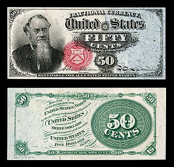 Obverse and reverse of a fifty-cent fourth-issue fractional-currency banknote