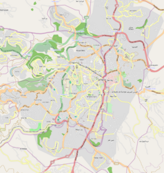 Mapa konturowa Jerozolimy, po prawej znajduje się punkt z opisem „Kościół Grobu Najświętszej Marii Panny”