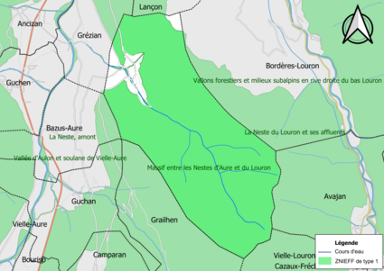 Carte des ZNIEFF de type 1 sur la commune.