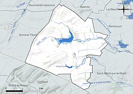 Carte en couleur présentant le réseau hydrographique de la commune