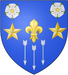 A fleur-de-lys between two mullets in fess