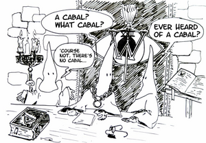 Cartoon caricature of Wikipedia cabalists discussing and denying that there is a cabal