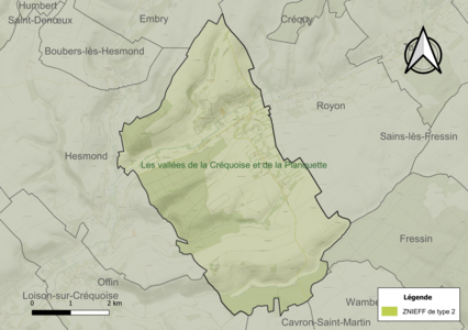 Carte de la ZNIEFF de type 2 sur la commune.