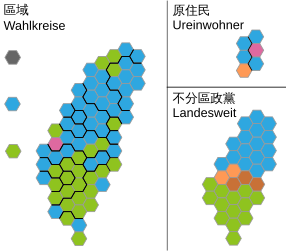 Wahlkreisergebnisse in den 73 Wahlkreisen, die 6 durch die Ureinwohner und die 34 über Landeslisten gewählten Abgeordneten in hexagonaler Darstellung (Farben wie beschrieben)