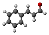 Ball-and-stick model of the cinnamaldehyde molecule