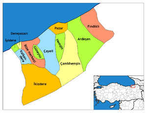 Mapa dos distritos da província de Rize