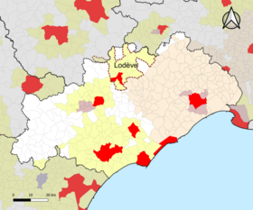 Localisation de l'aire d'attraction de Lodève dans le département de l'Hérault.