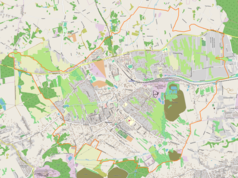 Mapa konturowa Rydułtów, blisko centrum na prawo znajduje się punkt z opisem „KWK Rydułtowy”