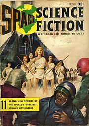 Cover shows four women in short gowns holding spiked poles and facing three men in helmets, one of whom has turned away with his hand on his chest. There are more women standing near a rocket in the background.