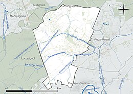 Carte en couleur présentant le réseau hydrographique de la commune