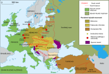 Mapa Evropy z roku 1923 zachycující staré a nové státní hranice.