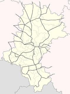 Mapa konturowa województwa śląskiego, blisko centrum na lewo znajduje się punkt z opisem „Rybnik Piaski”