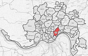 Walnut Hills (red) within Cincinnati, Ohio.