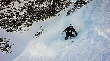 Calum Mathews charges in the blackcomb alpine.