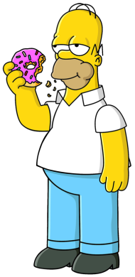 A cartoon image of a yellow, obese balding man with a white T-shirt, blue jeans and black shoes, eating a donut