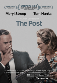 Meryl Streep's Katharine Graham shows Tom Hanks's Ben Bradlee, both concerned, the front of a newspaper.