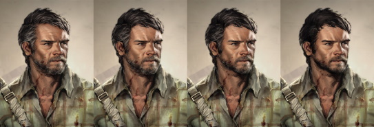 Four images depicting a man with dark brown hair and beard, wearing a flannel shirt and looking to the right. From left to right, he gets younger, with less wrinkles and grey hair in each iteration.