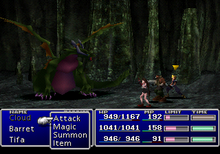 In a cavern, three people face a dragon. Along the bottom is a blue display showing each character's health, magic energy, and waiting time before their turn in battle.