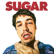 A caucasian man wearing a blue striped shirt putting his hand up to his goatee. He stands in front of a white background that features the word "Sugar" in red bold writing appearing at the top.