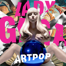 A nude sculpture of Lady Gaga with a blue gazing ball in front of her.