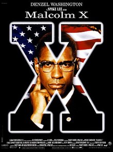 Inside the letter "X", Denzel Washington as Malcolm X looking towards the viewer with an American flag as a background.