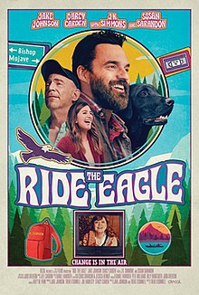 Theatrical release poster featuring two men and one woman, all smiling, alongside a dog. Small images can also be seen of an eagle, a road sign, a tape recorder, a backpack, a canoe, and a woman inside a television screen.