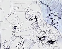 A black and white drawing of a man angrilly grasping on to a boy's neck, with two girls making zany faces in the foreground and a woman making a disapproving face.