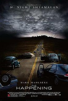 Poster for "The Happening" featuring a highway filled with abandoned vehicles.