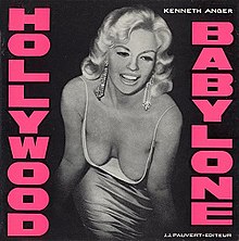 The book title, written vertically in pink letters, and in the middle actress Jayne Mansfield leaning forward in a low cut dress