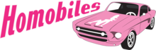 Homobiles logo depicting the word "Homobiles" next to a pink car with a white silhouette on its hood