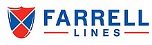 Farrell Lines logo: The logo features a design with a stylized shield motif. The shield, a two engrailed chief and a pointed base, per saltire argent, azure, and gules, charged with two stylized seahorses azure, respectant. Below the shield motif, the text 'FARRELL LINES' appears in all caps. 'FARRELL' is in red, larger, and unbolded, while 'LINES' is in blue, smaller, and unbolded, positioned directly below. Thin horizontal blue lines extend from both sides of 'LINES,' aligning with the width of the 'FARRELL' text above.