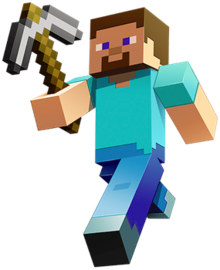 A voxel-like man with a light-blue shirt, purple pants, gray shoes, and brown hair walks to the left with a pickaxe in his right hand.