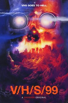 In a stylized cloudy surrounding, a skull shape is formed; the eyes are camera lenses, and the bottom teeth are from a silhouette of a cityscape.