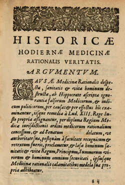 "Historicae hodiernae medicinae rationalis veritatis ..." verko postmorte eldonita en 1700 de la unua reĝa kuracisto Charles Bouvard.