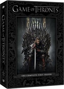 The box cover for the season 1 DVD set depicts Sean Bean as Eddard Stark sitting on the iron throne holding a sword and appearing pensive