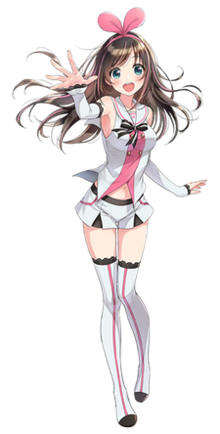 An official image of Kizuna, published through her videos. She is slender in build, has long brown hair, blue eyes, and a fair complexion. Her clothes are white and have pink highlights with black trim.